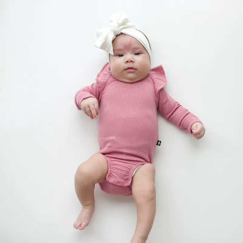 Ribbed Long Sleeve Ruffle Leotard In Apple Blossom 1