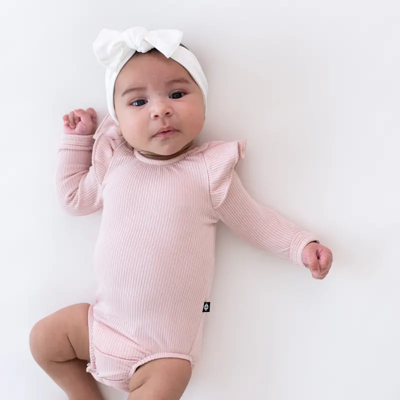 Ribbed Long Sleeve Ruffle Leotard In Blush 1
