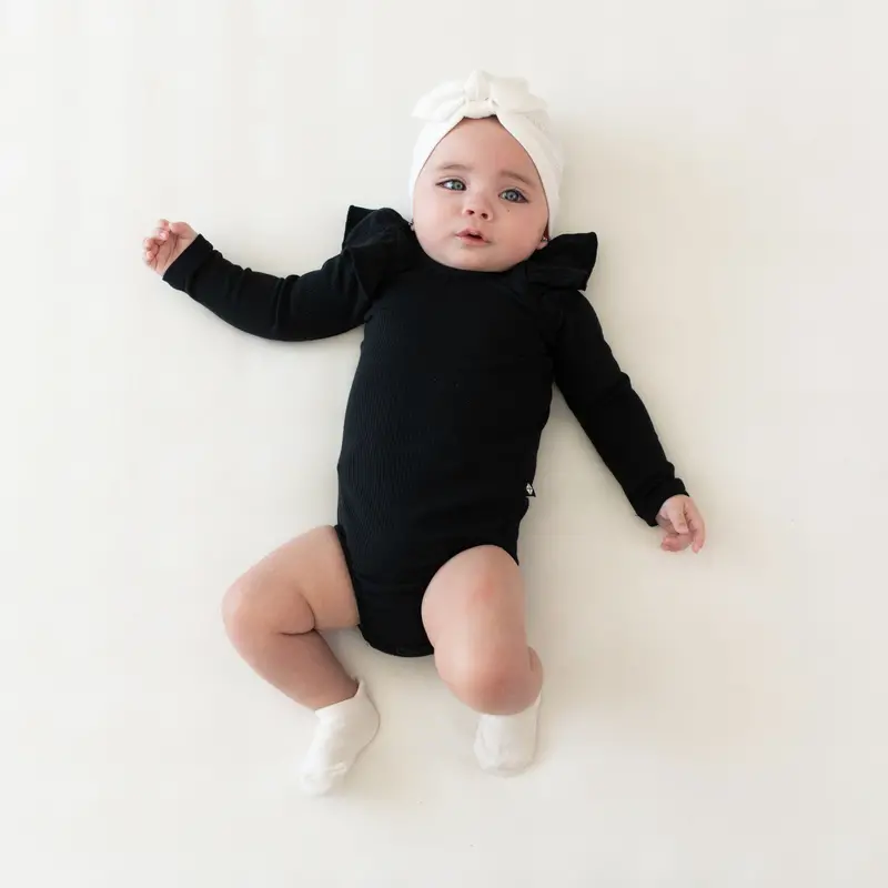 Ribbed Long Sleeve Ruffle Leotard In Midnight 1