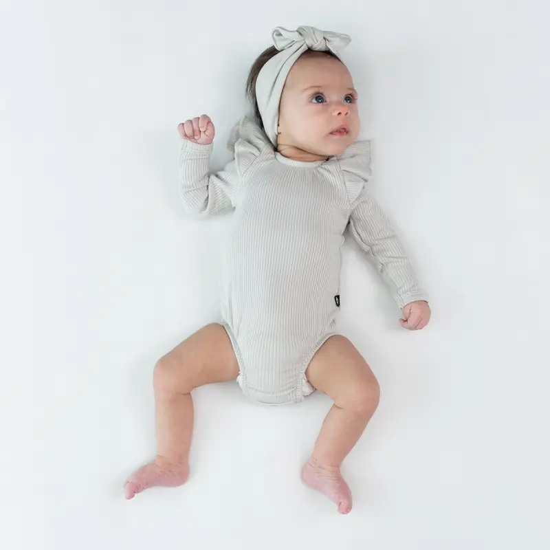 Ribbed Long Sleeve Ruffle Leotard In Oat 1