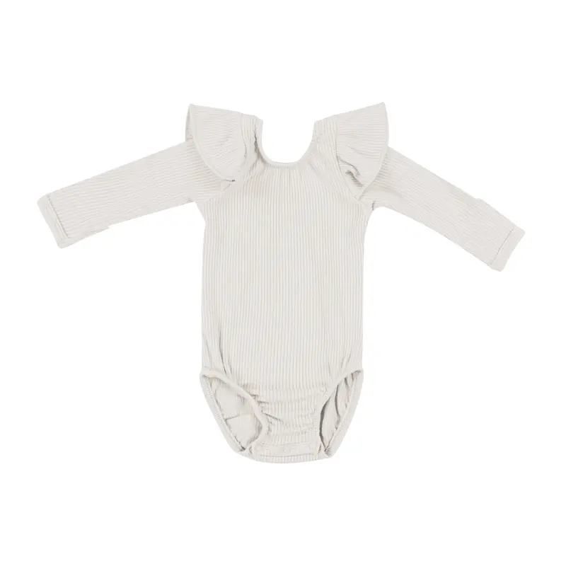 Ribbed Long Sleeve Ruffle Leotard In Oat 2