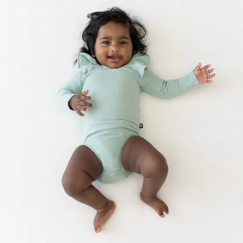 Ribbed Long Sleeve Ruffle Leotard In Sage 1