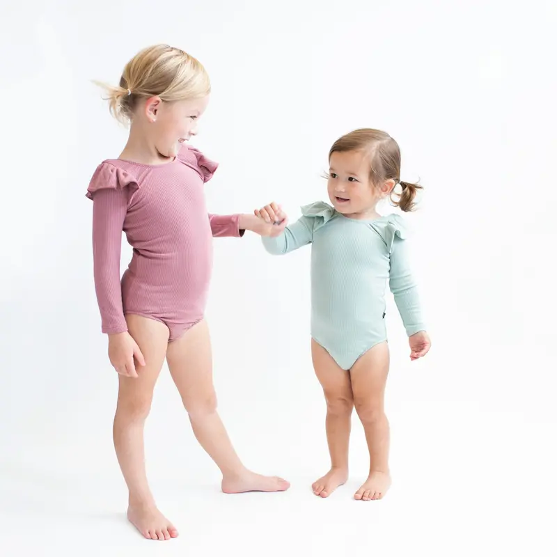 Ribbed Long Sleeve Ruffle Leotard In Sage 3