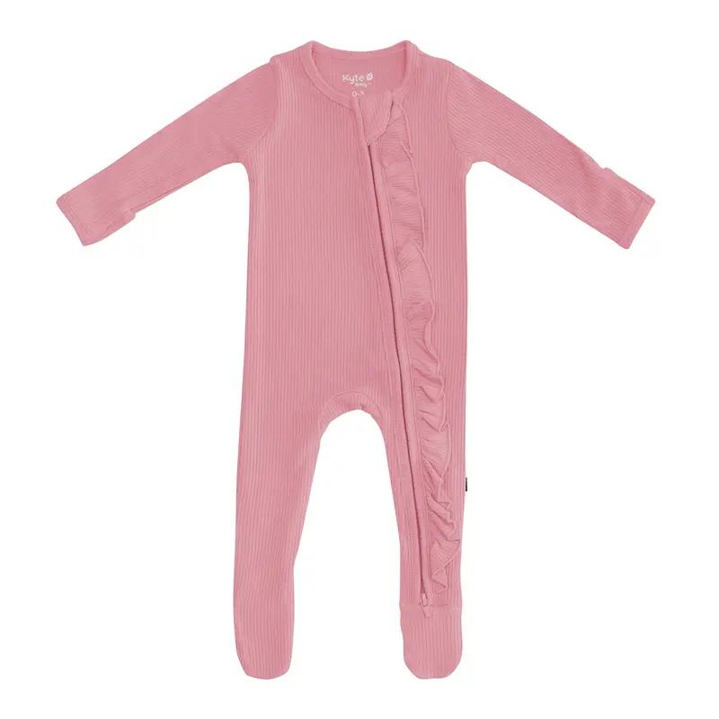 Ribbed Ruffle Zipper Footie In Apple Blossom 2