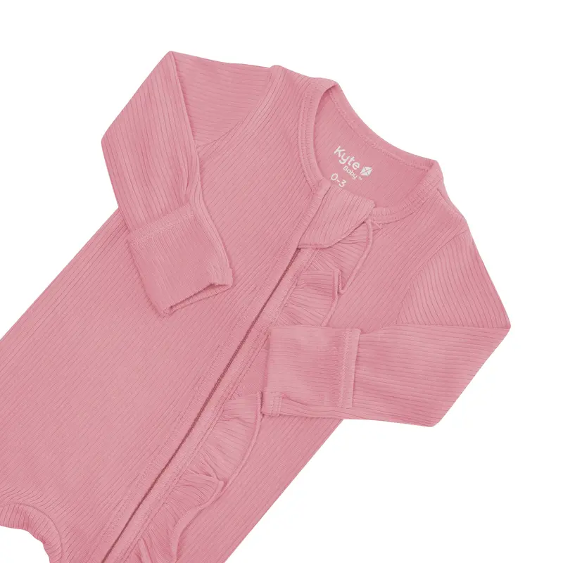 Ribbed Ruffle Zipper Footie In Apple Blossom 6