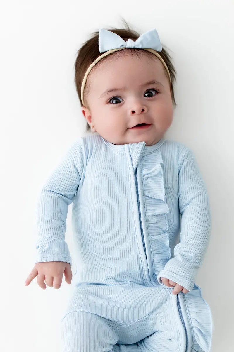 Ribbed Ruffle Zipper Footie In Breeze 1