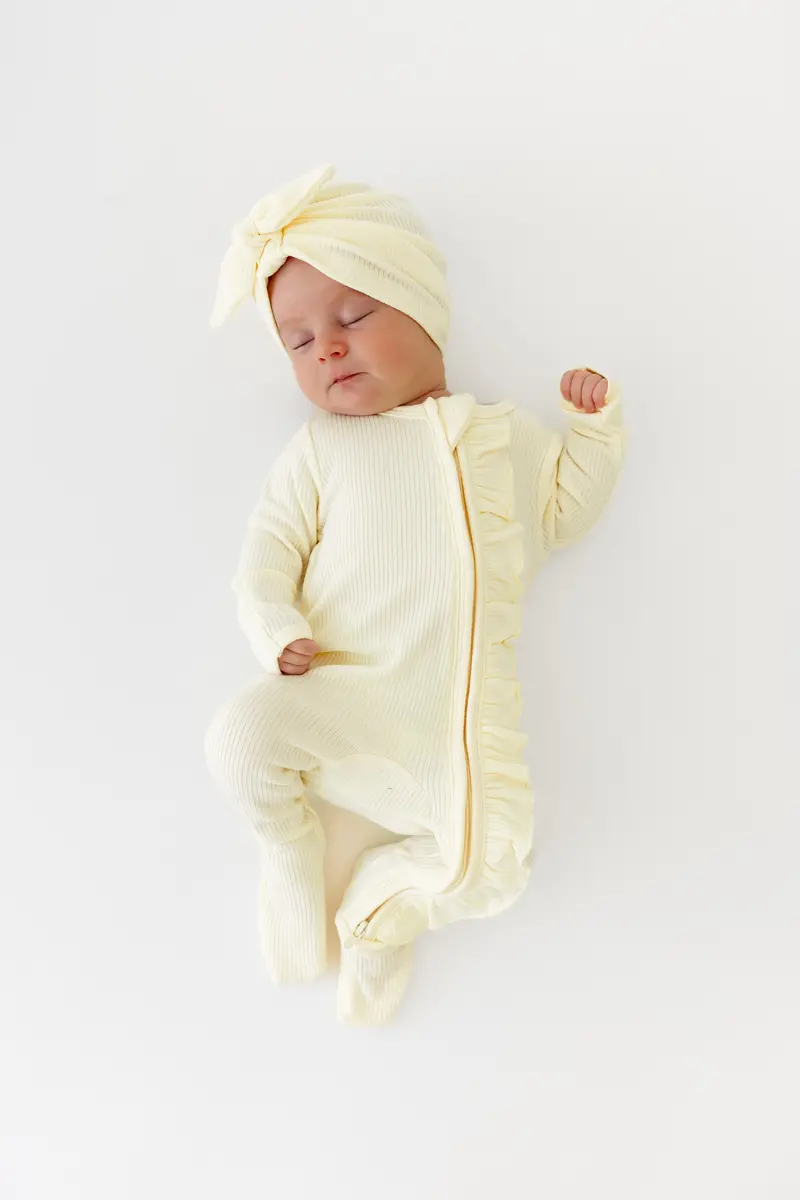 Ribbed Ruffle Zipper Footie In Chamomile 1
