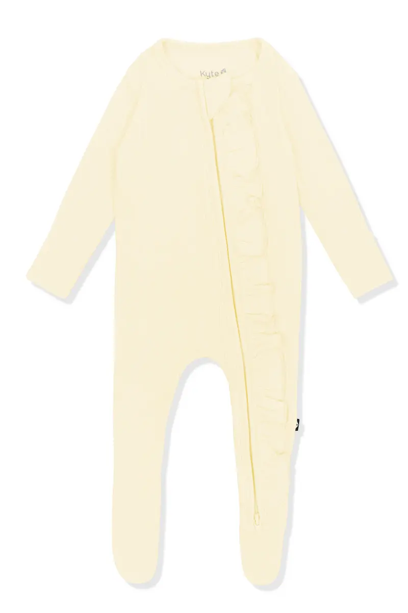 Ribbed Ruffle Zipper Footie In Chamomile 2