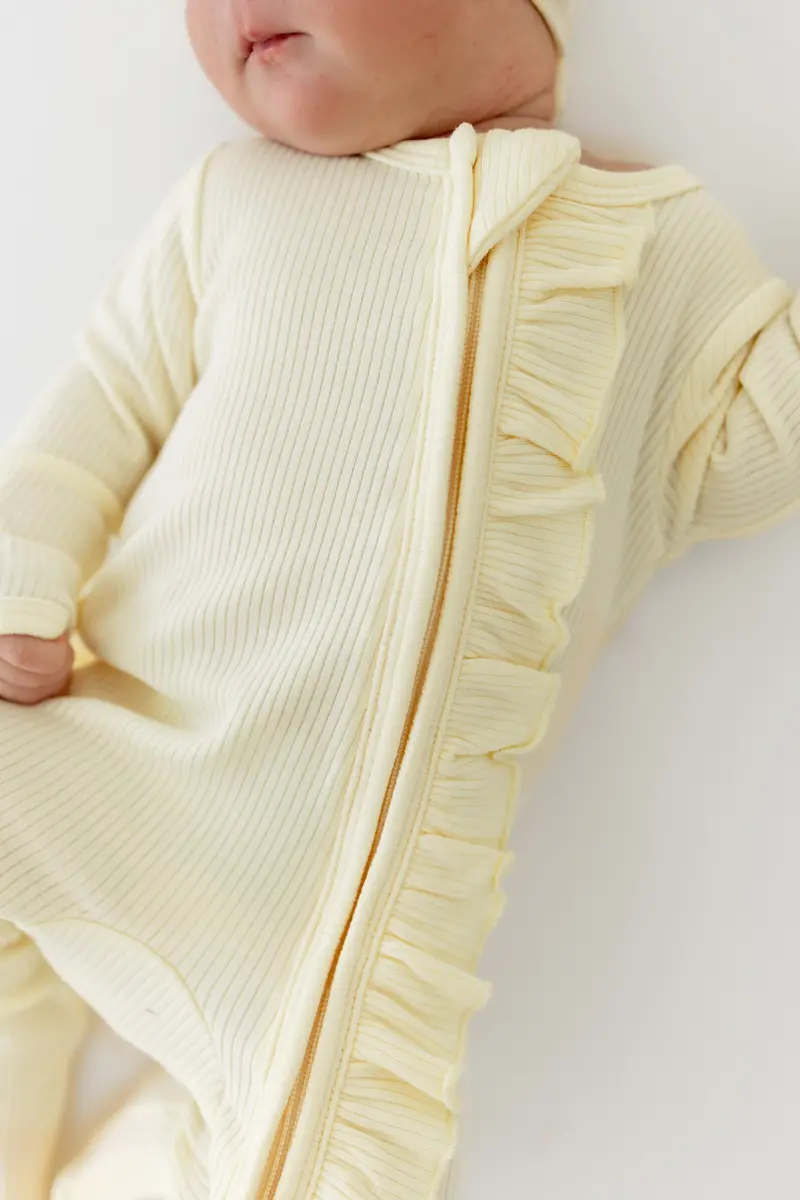Ribbed Ruffle Zipper Footie In Chamomile 3
