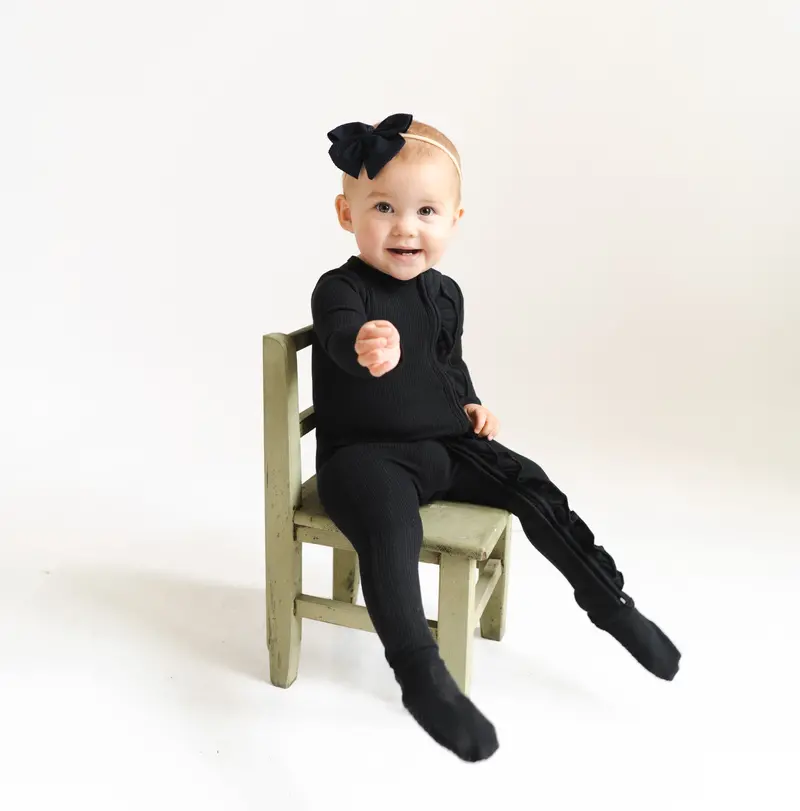 Ribbed Ruffle Zipper Footie In Midnight 1