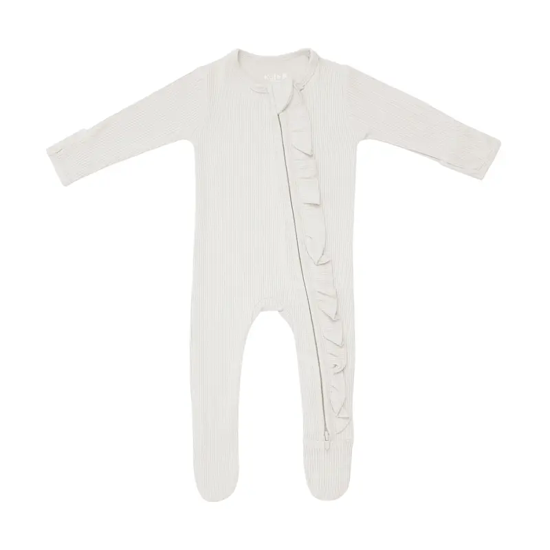 Ribbed Ruffle Zipper Footie In Oat 2