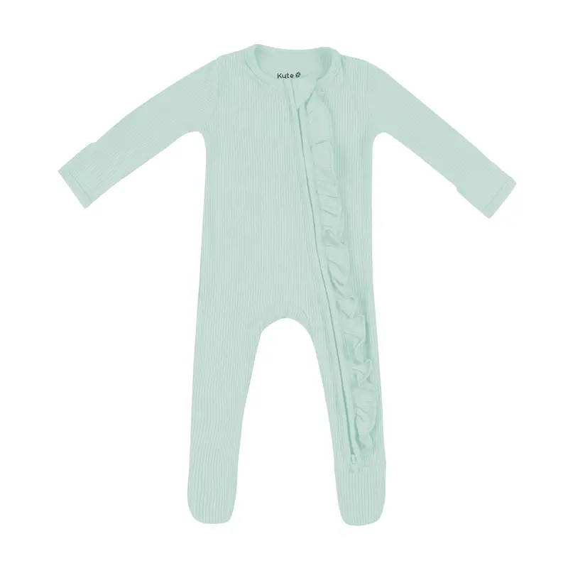 Ribbed Ruffle Zipper Footie In Sage 2