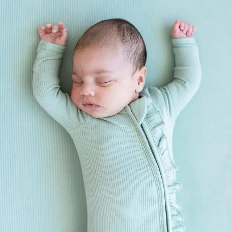 Ribbed Ruffle Zipper Footie In Sage 3
