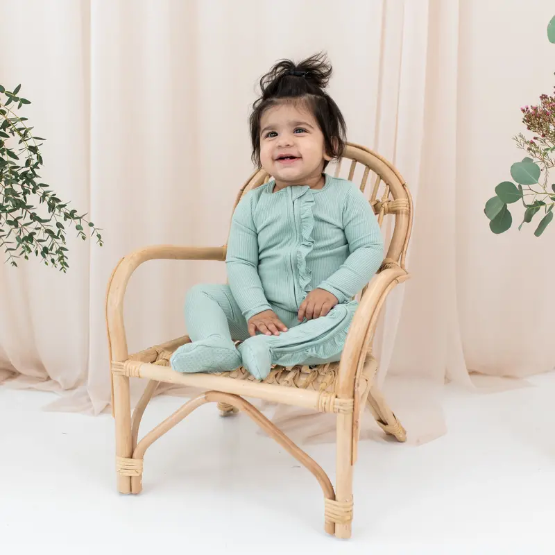Ribbed Ruffle Zipper Footie In Sage 4