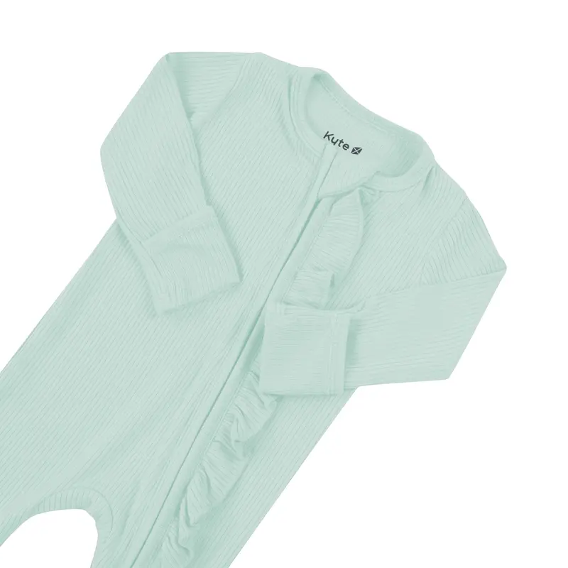 Ribbed Ruffle Zipper Footie In Sage 5
