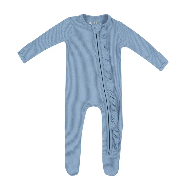 Ribbed Ruffle Zipper Footie In Slate 1