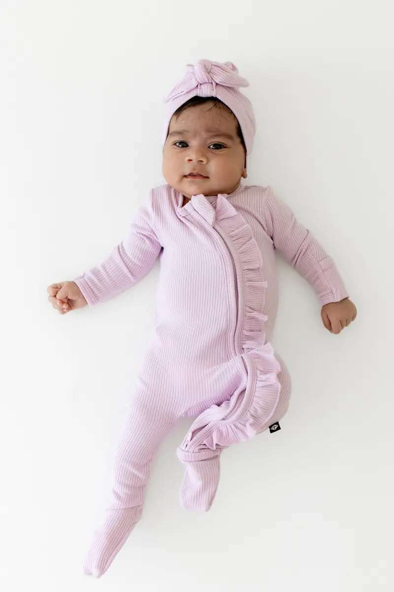 Ribbed Ruffle Zipper Footie In Thistle 1