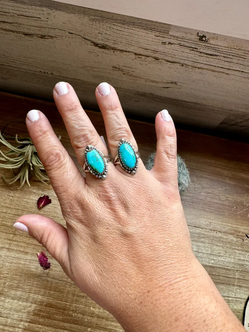 Ring Size 7 & 8.5- Long Kingman Turquoise And Sterling Silver 1