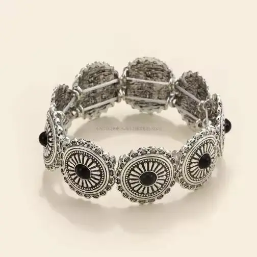 Rustic Silver Concho Style Fashion Bracelets  -  Black 1