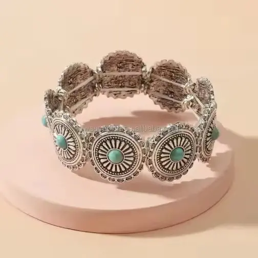 Rustic Silver Concho Style Fashion Bracelets  -  Turquoise 1