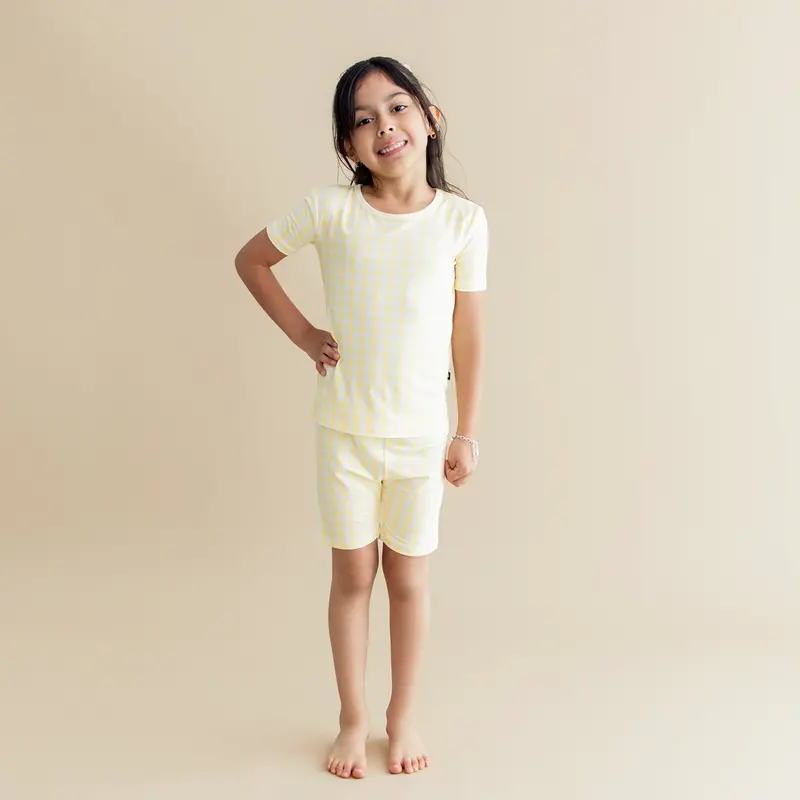 Short Sleeve Pajamas In Gingham Chamomile 1