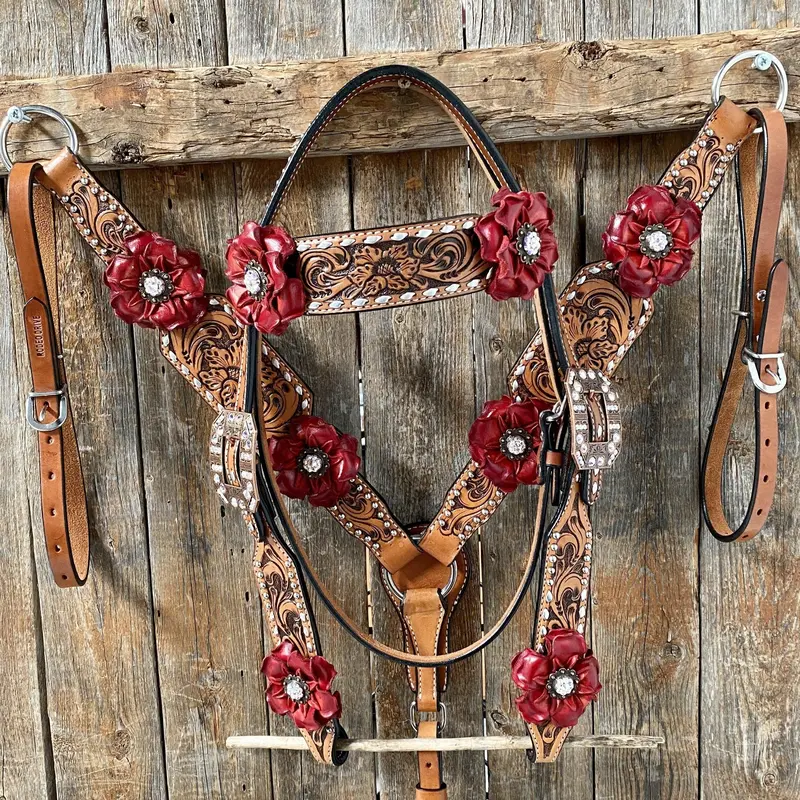 Silver Buckstitch Flower Browband Headstall & Breastcollar Set #Bbbc405 1