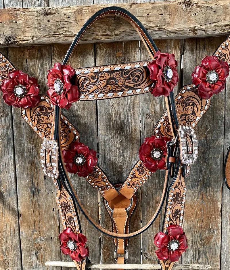 Silver Buckstitch Flower Browband Headstall & Breastcollar Set #Bbbc405 2