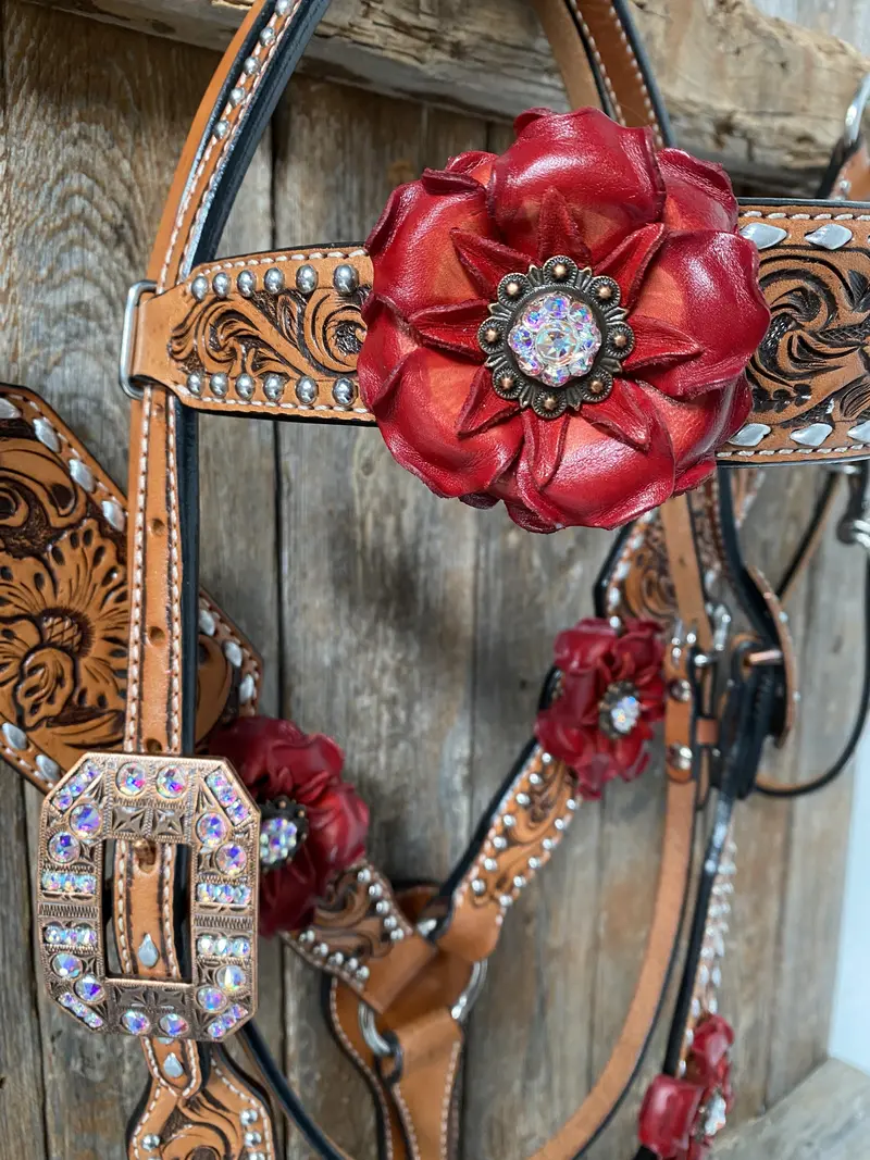 Silver Buckstitch Flower Browband Headstall & Breastcollar Set #Bbbc405 3