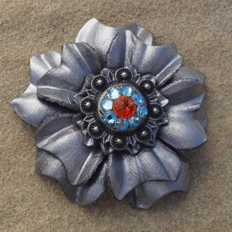 Silver Carnation Flower With Antique Silver Fire Opal And Aqua 1" Concho 1