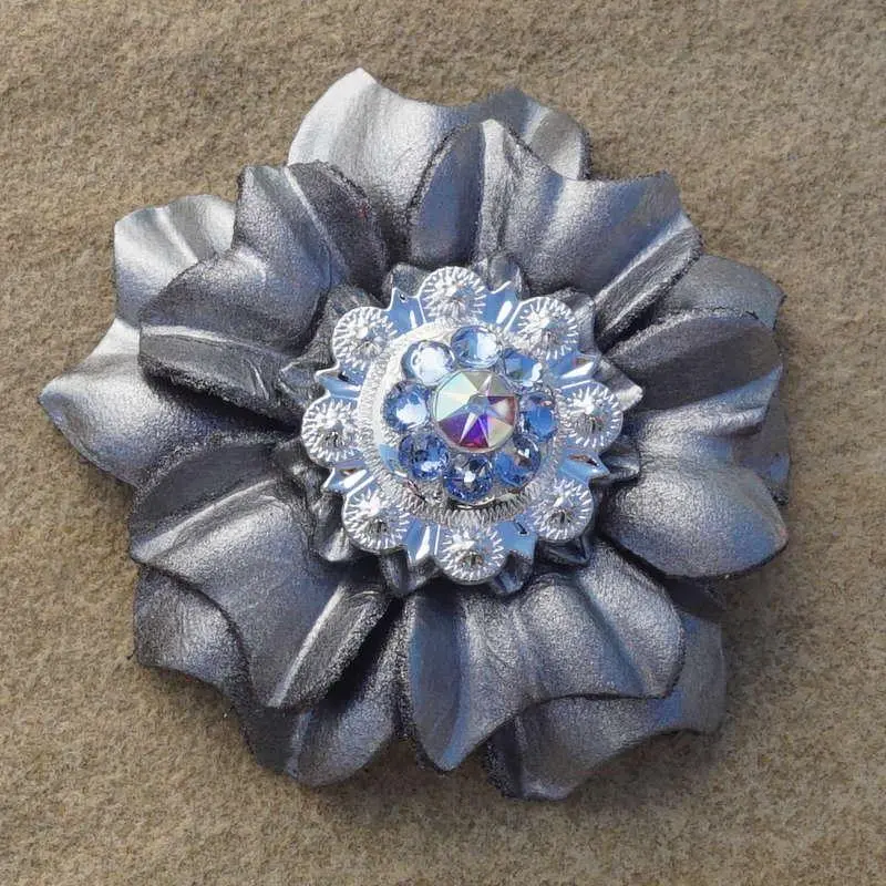 Silver Carnation Flower With Bright Silver Light Sapphire And Ab 1" Concho 1