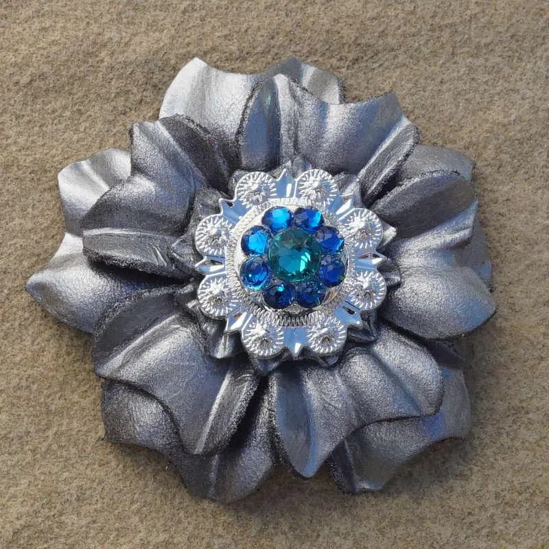 Silver Carnation Flower With Bright Silver Teal And Capri 1" Concho 1