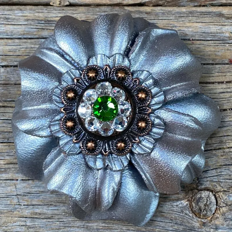 Silver Carnation Flower With Copper Fern, Clear 1" Concho 1