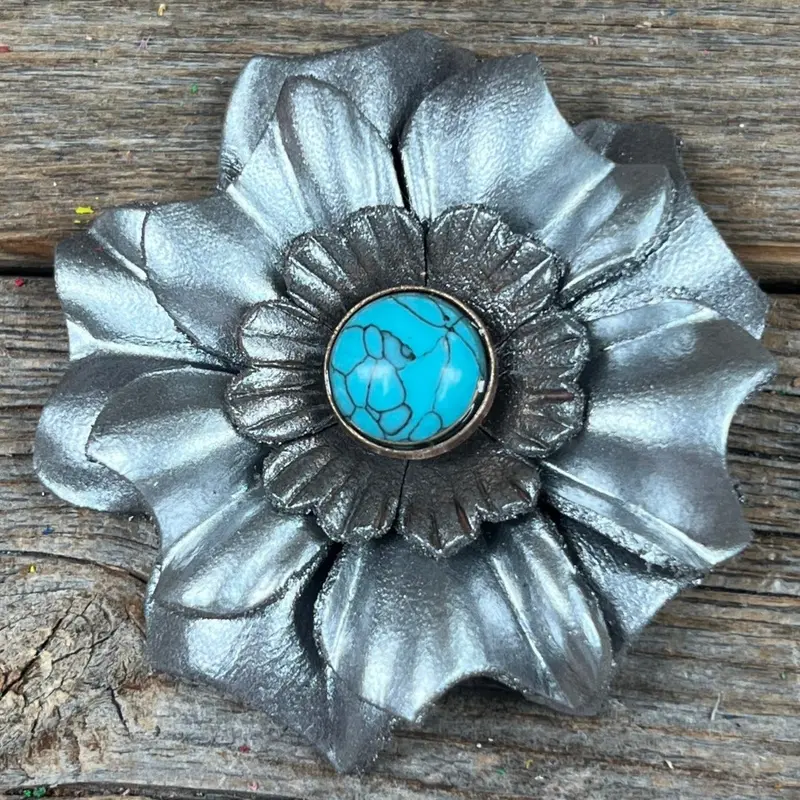 Silver Carnation Flower With Round Turquoise Cabochon 1