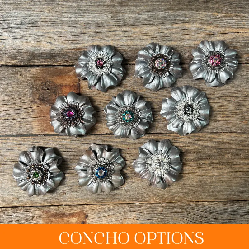 Silver Carnations Leather Flowers - 1" Crystal Conchos - Options 1