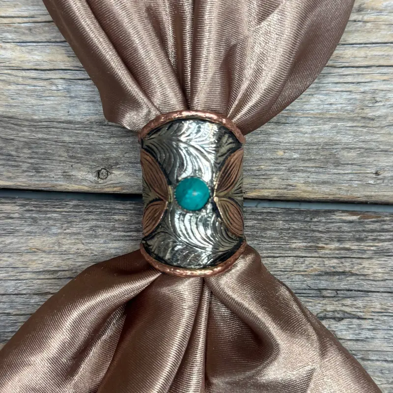 Silver Engraved Copper Leaf With Turquoise Wild Rag Slide #Ps103 1