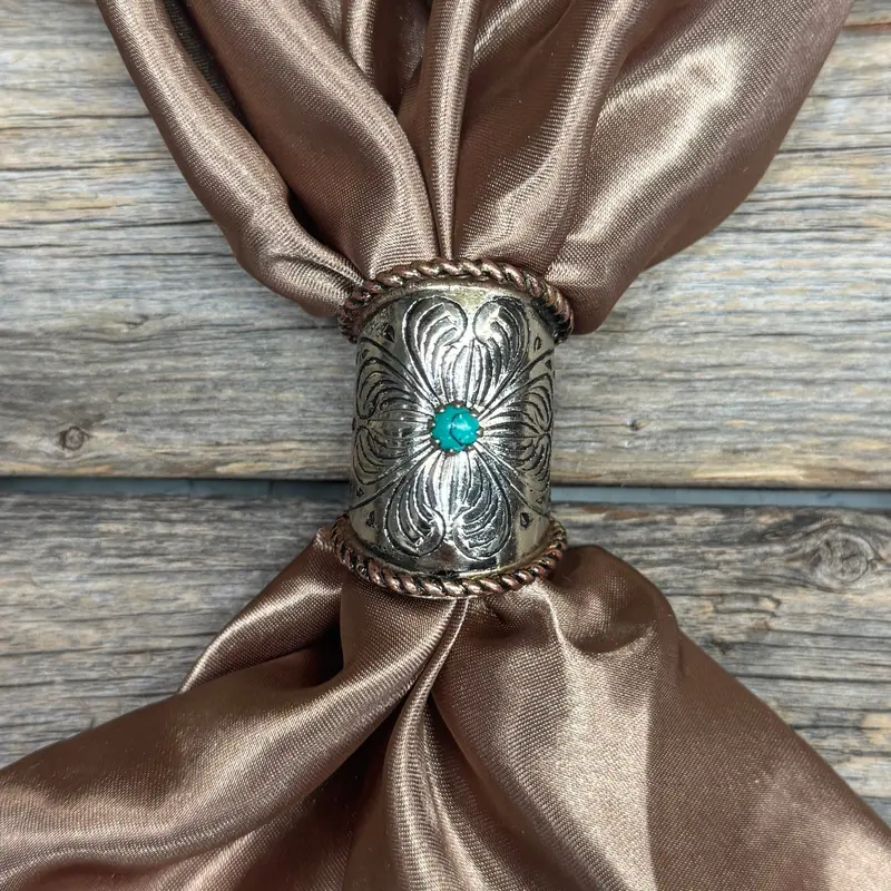 Silver Engraved Large Flower With Turquoise Wild Rag Slide #Ps105 1