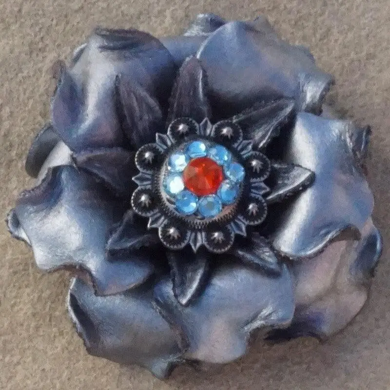 Silver Gardenia Flower With Antique Silver Fire Opal And Aqua 1" Concho 1