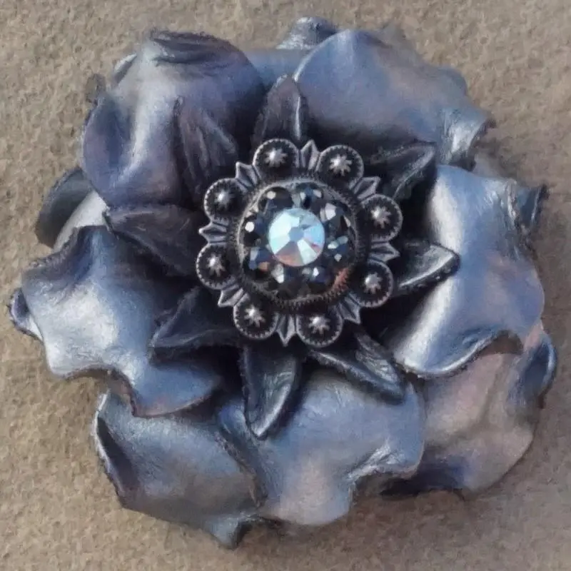 Silver Gardenia Flower With Antique Silver Jet & Ab 1" Concho 1