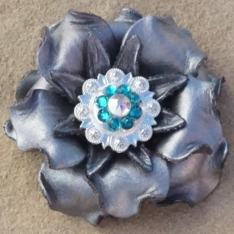 Silver Gardenia Flower With Bright Silver Teal And Ab 1" Concho 1