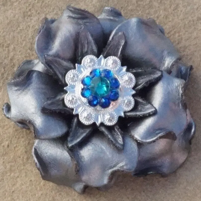 Silver Gardenia Flower With Bright Silver Teal And Capri 1" Concho 1