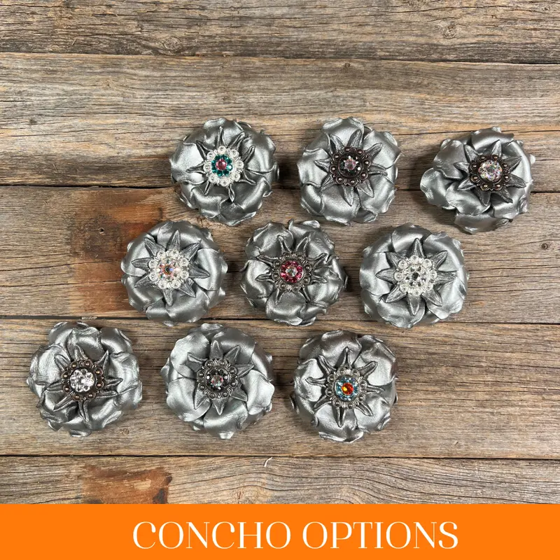 Silver Gardenia Leather Flowers - 1" Crystal Conchos - Options 1