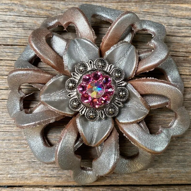 Silver Lotus Flower With Antique Silver Pink & Ab 1" Concho 1