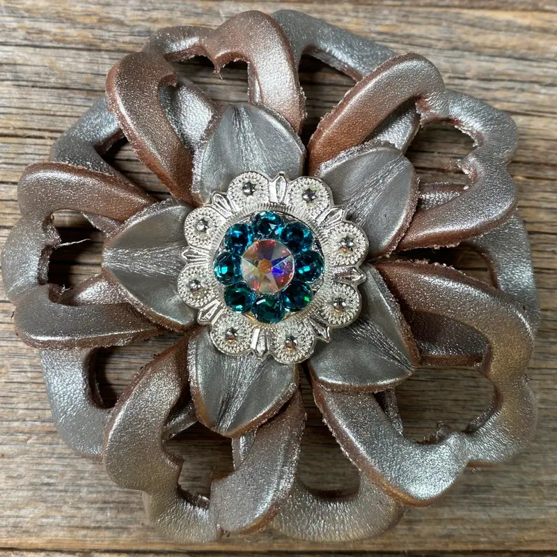 Silver Lotus Flower With Bright Silver Teal & Ab 1" Concho 1