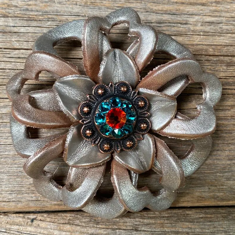 Silver Lotus Flower With Copper Fire Opal & Teal 1" Concho 1