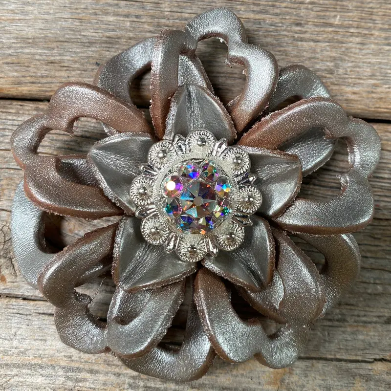 Silver Lotus Leather Flowers - 1" Crystal Conchos - Options 2
