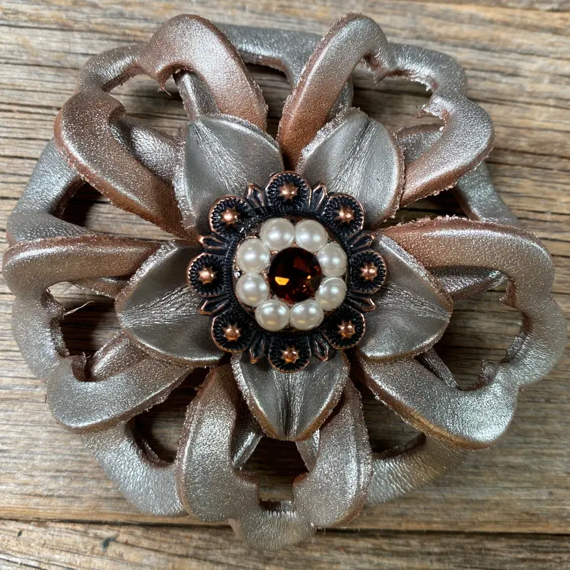 Silver Lotus Leather Flowers - 1" Crystal Conchos - Options 3