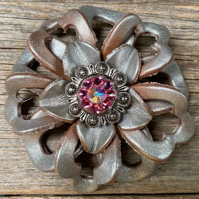 Silver Lotus Leather Flowers - 1" Crystal Conchos - Options 4