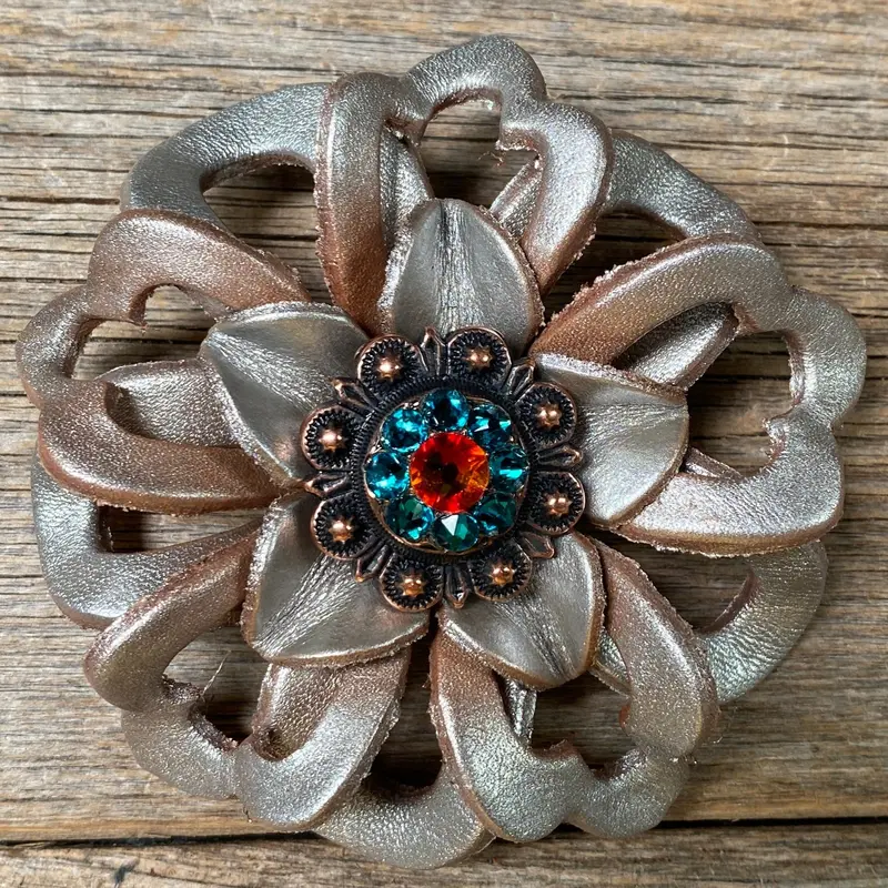 Silver Lotus Leather Flowers - 1" Crystal Conchos - Options 4