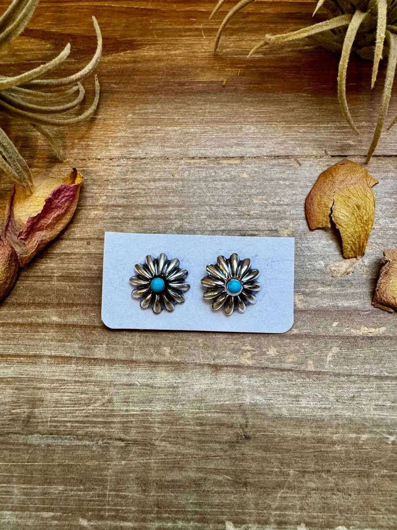 Small Sterling Silver Concho Earrings With Kingman Turquoise – Made In The Usa 1