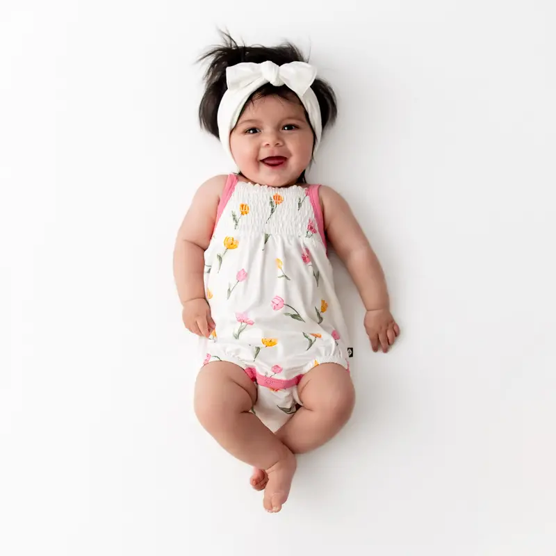 Smocked Bubble Romper In Tulip 1